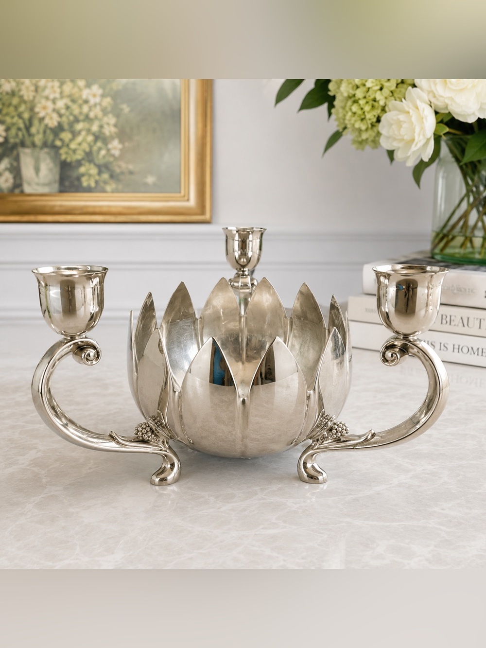 Silverplate 3 Light Candelabra Centerpiece Flower Bowl Candle Holder Leonard